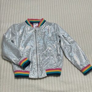 Silver Sequin Bomber Jacket with Rainbow Trim